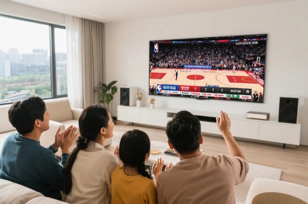 现代客厅中,一家人聚在一起通过大屏电视观看NBA高清赛事直播,气氛热烈